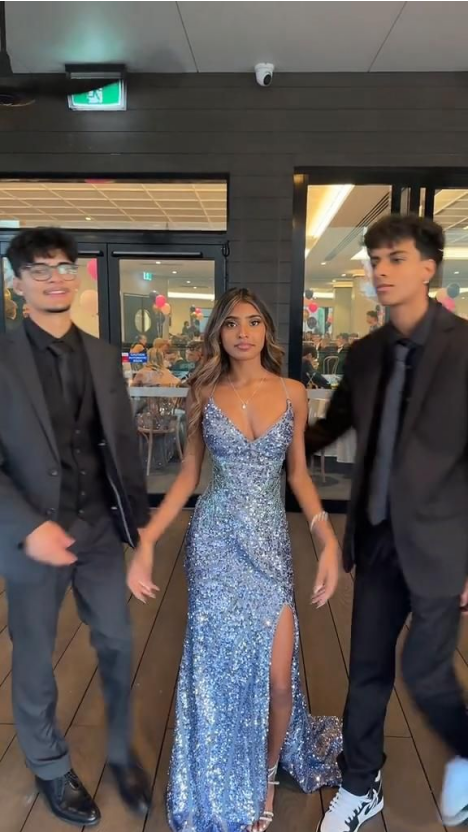 Blue spaghetti strap mermaid sequined side slit long prom dress TP1764