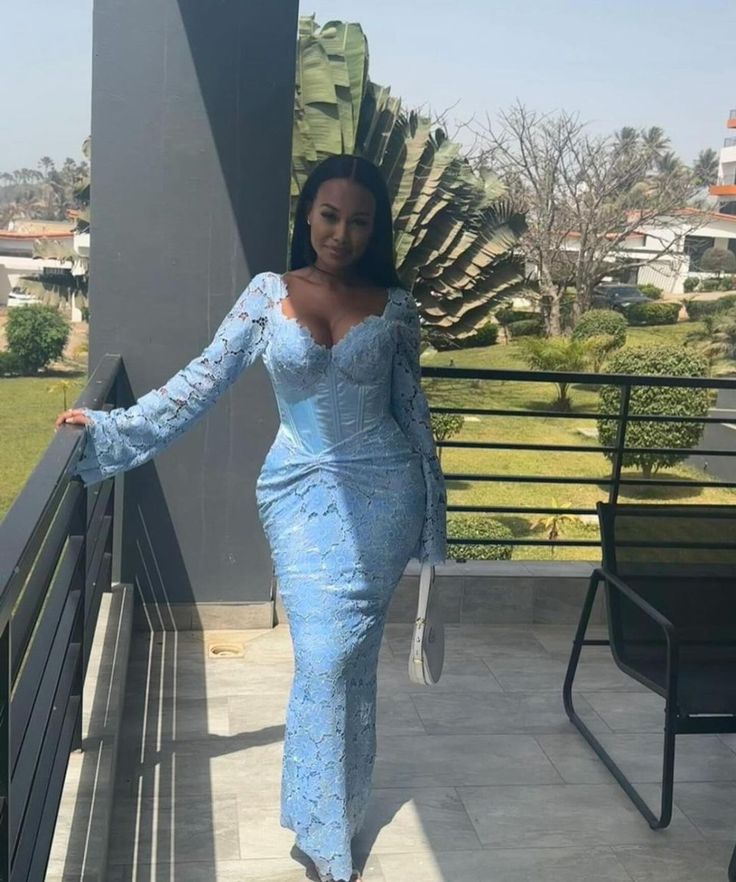 Blue lace long sleeve mermaid long evening gown prom dress TP1767