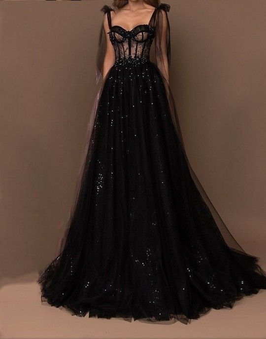 Black A-line spaghetti strap sweetheart neck tulle sequin party dress evening gown TP1768