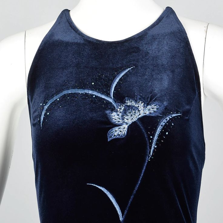 Vintage Navy Mermaid Embroidery Round Neck Off Shoulder Velvet Dress TP1777