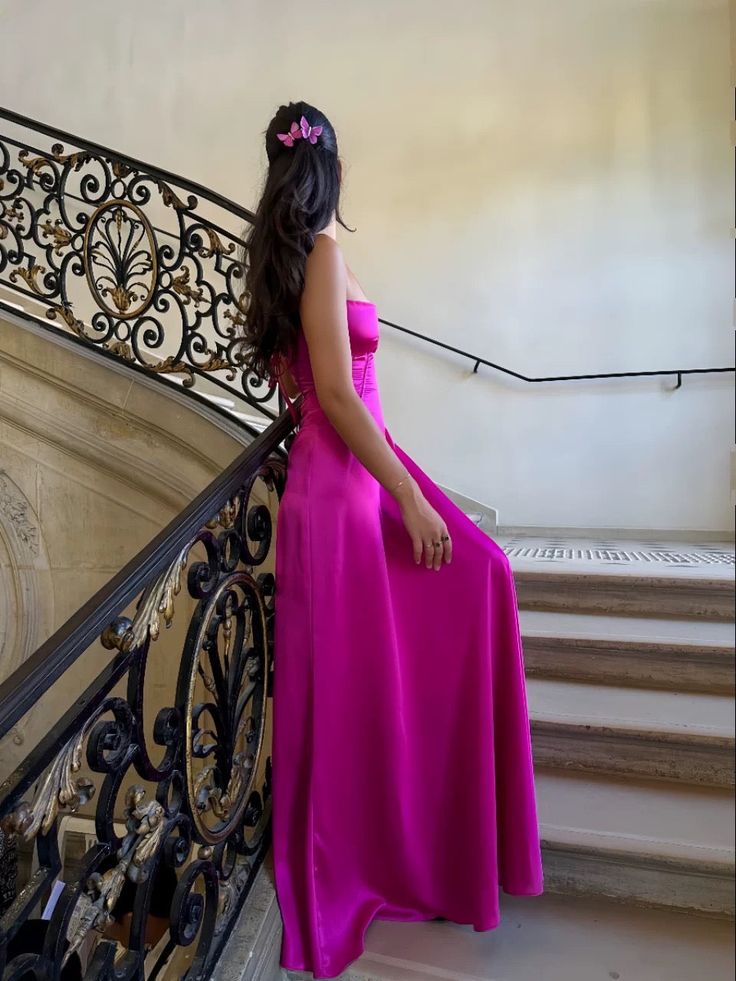 Sexy Pink Spaghetti Strap Satin Long Party Dress Prom Gown TP1785