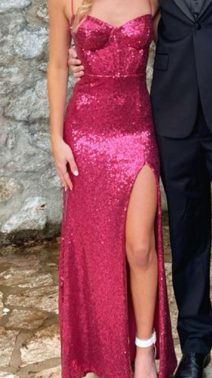 Bright Pink Sequin Spaghetti Strap Slit Long Evening Dress TP1787