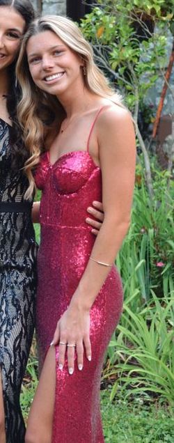 Bright Pink Sequin Spaghetti Strap Slit Long Evening Dress TP1787