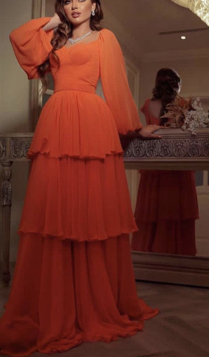 Orange A-line Long Sleeve Layered Tulle Maxi Ball Gown Evening Dress TP1788