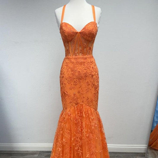 Long Orange Formal Sleeveless Lace Mermaid Gown TP1809
