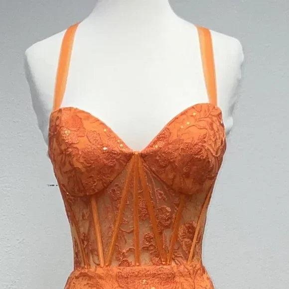 Long Orange Formal Sleeveless Lace Mermaid Gown TP1809