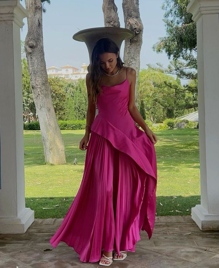 Soft Bright Pink Satin A-Line Spaghetti Strap Long Ball Gown TP1812