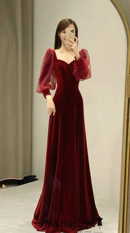 Burgundy A-line velvet long sleeves ball gown evening dress TP1813