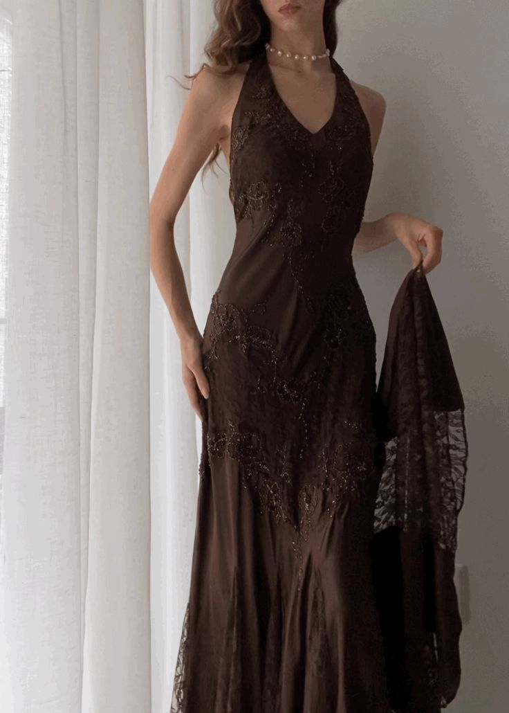 Brown halterneck A-line sleeveless lace long evening dress TP1814