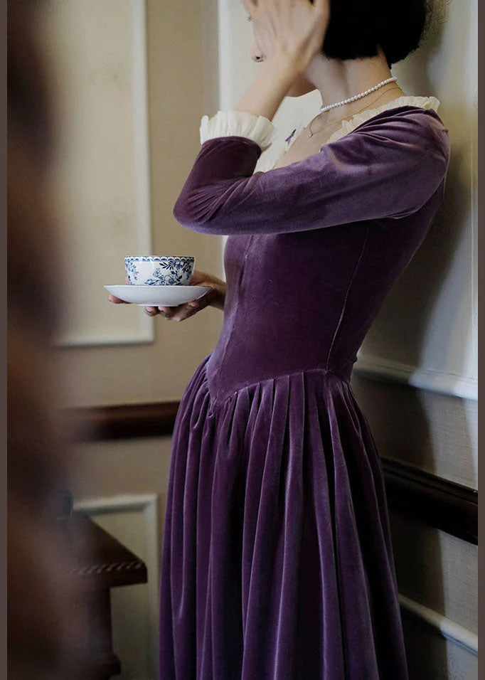 Elegant Purple Velvet A-Line Long Sleeve Maxi Dress TP1817