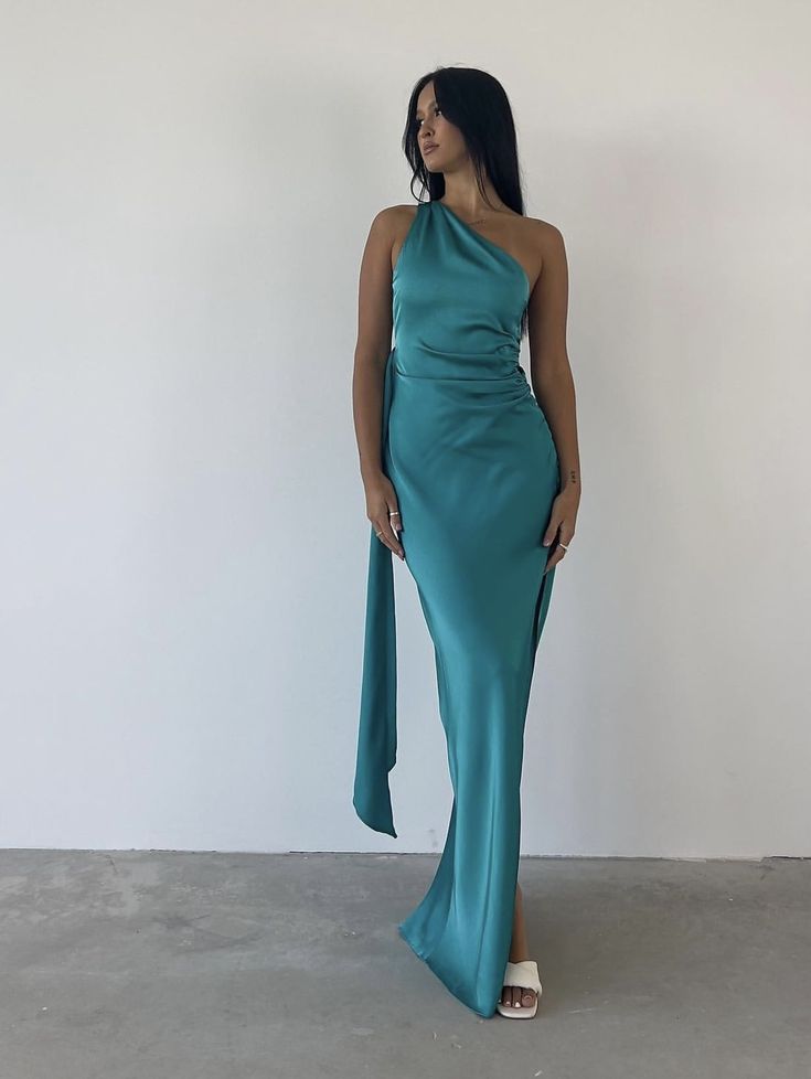 Simple Blue One Shoulder Mermaid Side Slit Satin Long Ball Gown Evening Dress TP1819