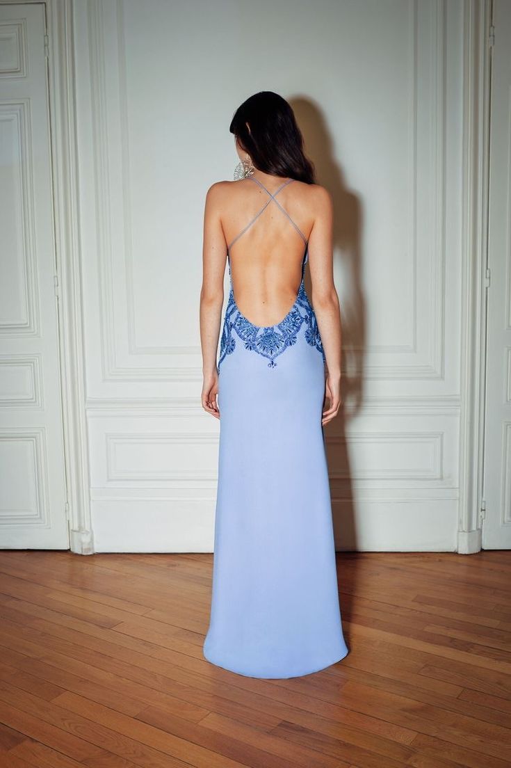 Blue low-cut spaghetti strap off-shoulder backless satin long evening gown TP1820