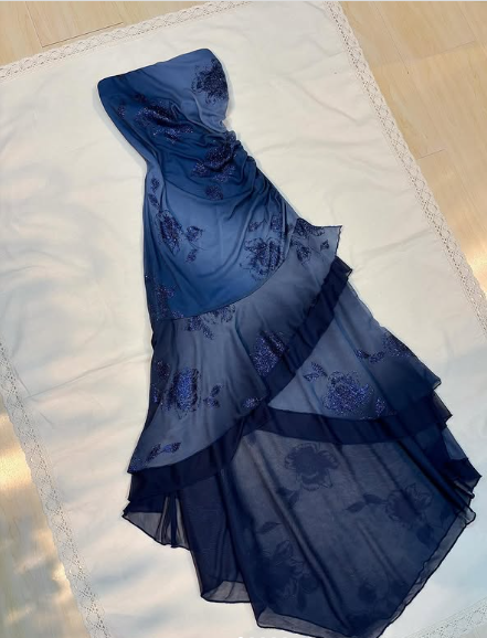 Blue A-Line Strapless Lace Applique Ball Gown TP1826