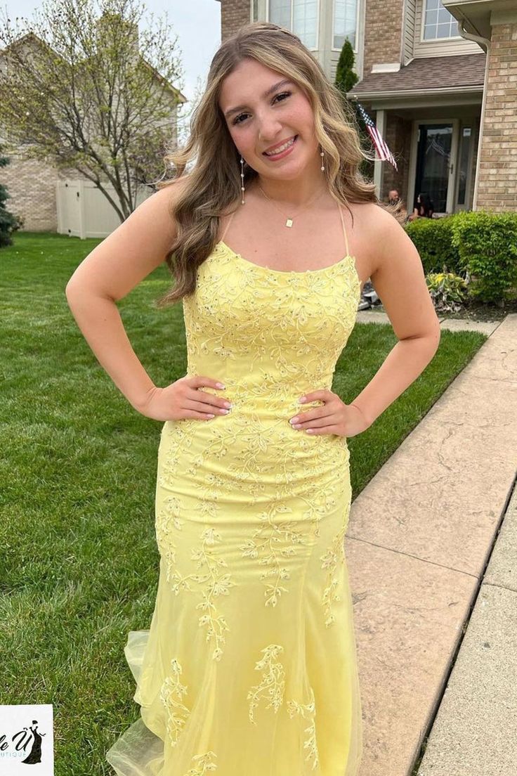 Cute Mermaid Yellow Spaghetti Strap Tulle Long Ball Gown TP1852