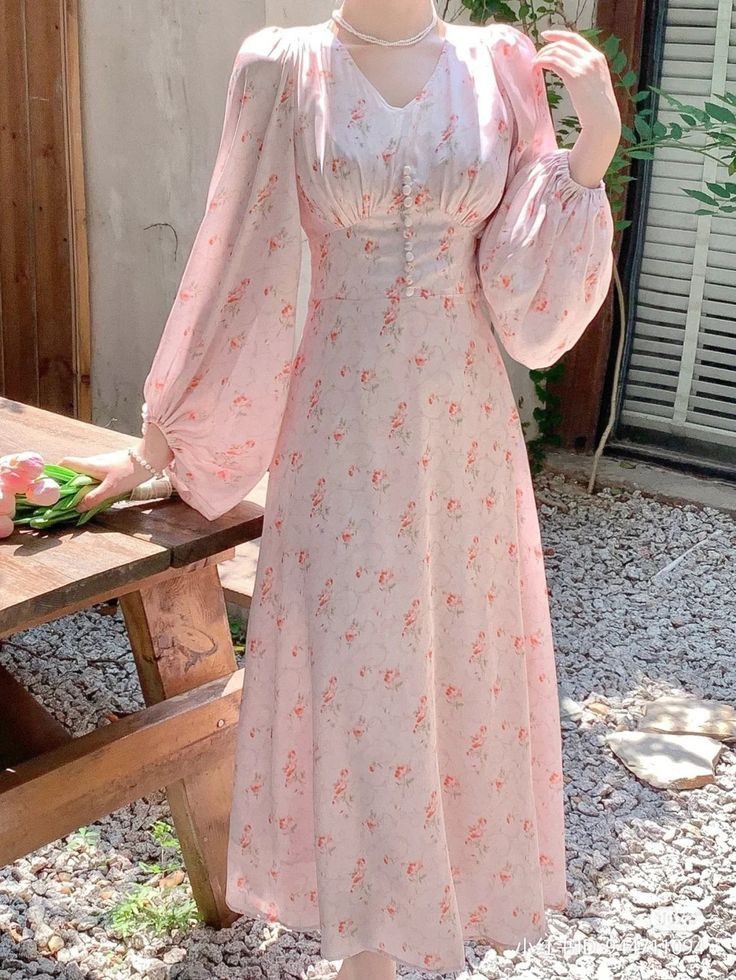 Pink Floral A-line V-neck Long Sleeve Prom Dress Party Dress TP1855