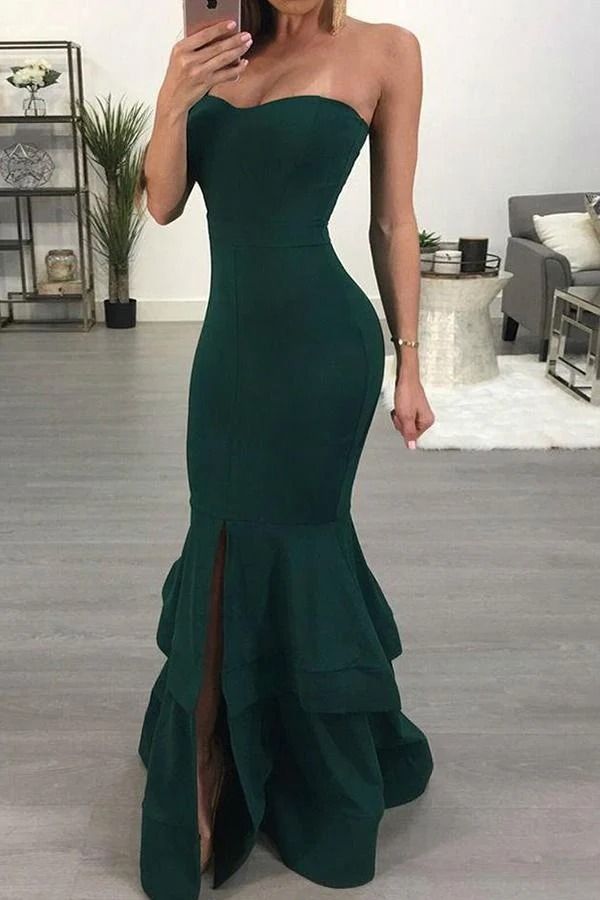 Dark Green Mermaid Off-shoulder Slit Long Party Dance TP1856