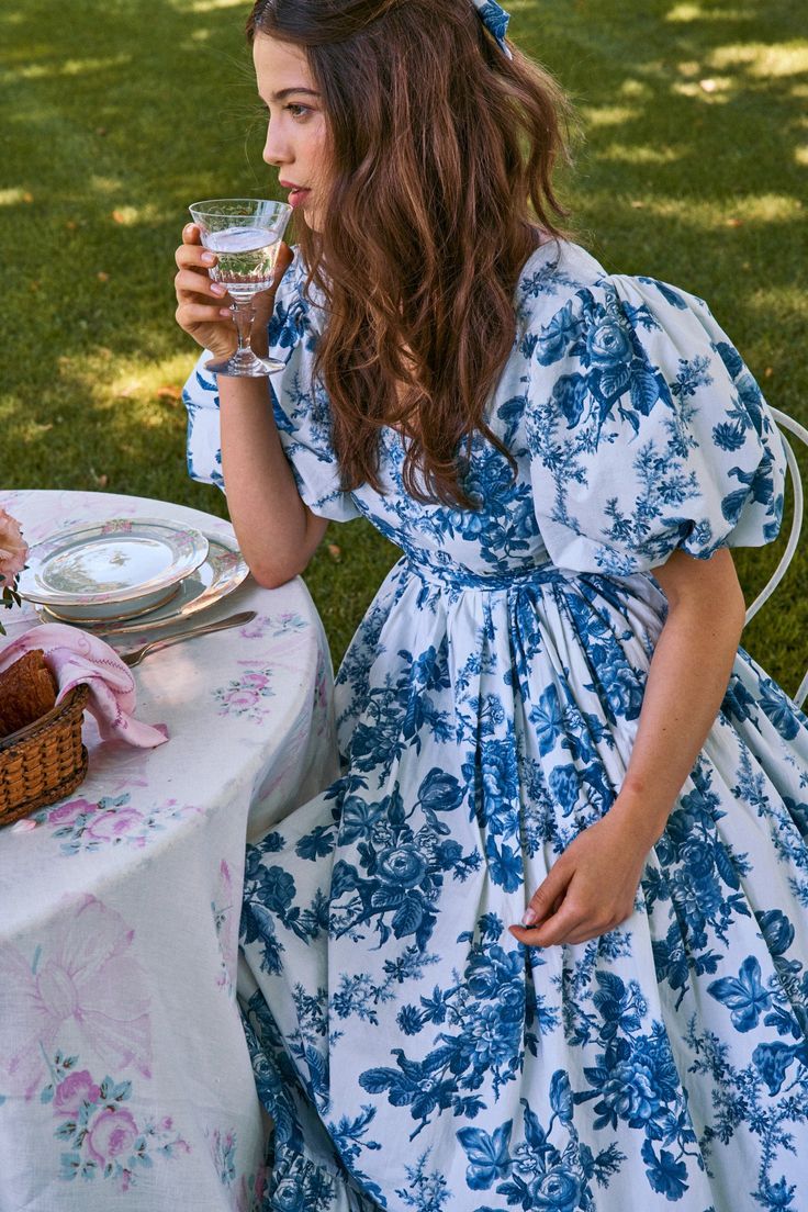 Blue A-line floral puff sleeves short-sleeved floor-length dress TP1857