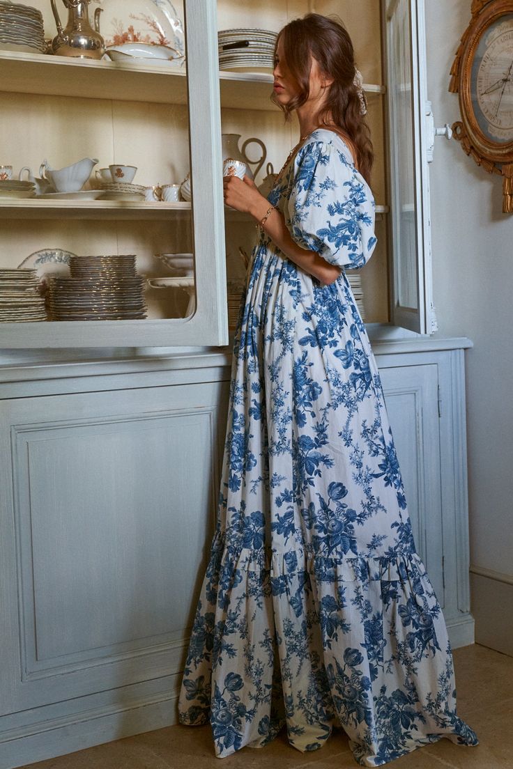 Blue A-line floral puff sleeves short-sleeved floor-length dress TP1857