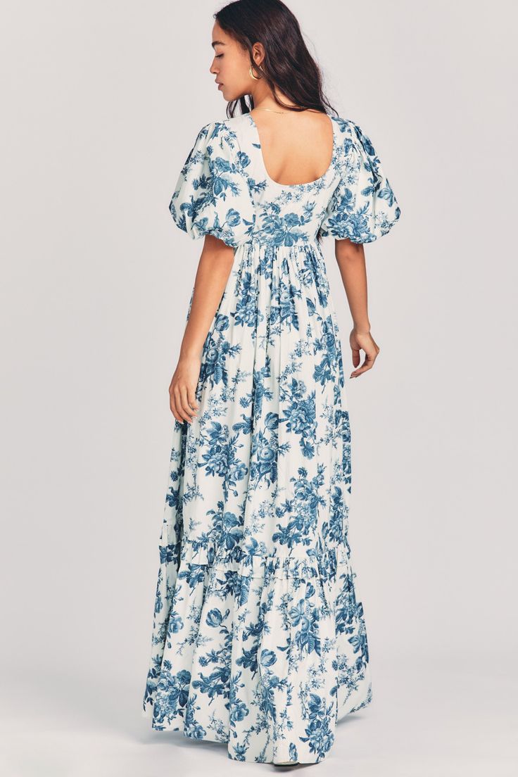 Blue A-line floral puff sleeves short-sleeved floor-length dress TP1857