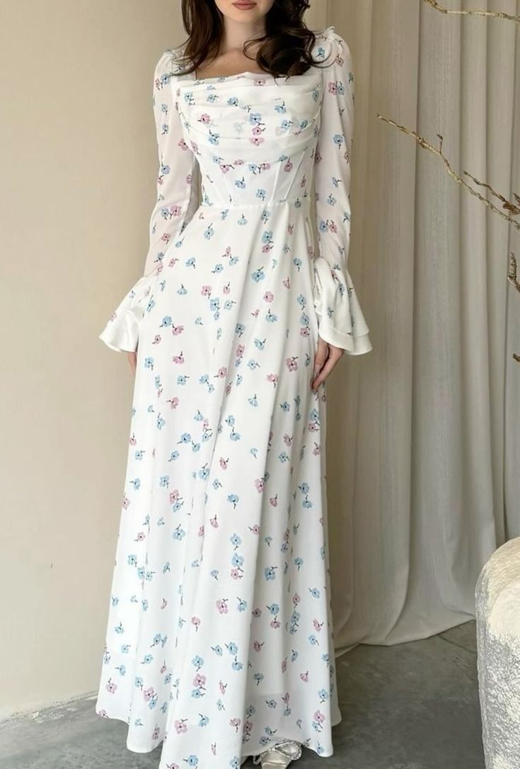Elegant White A-Line Printed Long Sleeve Dress TP1861