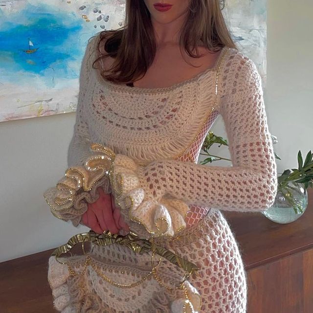 Sexy White Mermaid Long Sleeve Hollow Knit Ankle-Length Evening Gown Ball Gown TP1864