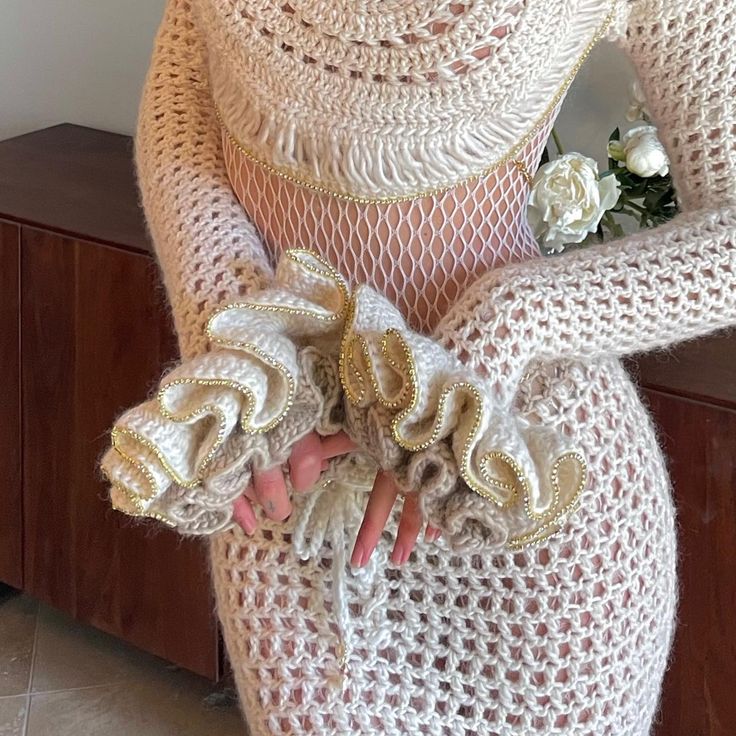 Sexy White Mermaid Long Sleeve Hollow Knit Ankle-Length Evening Gown Ball Gown TP1864