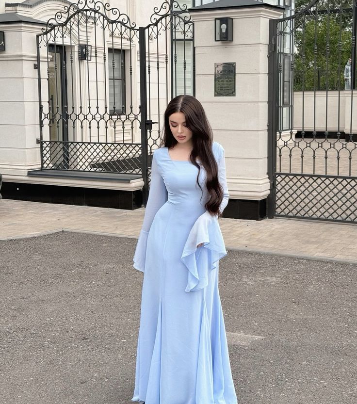 Simple Blue Square Neck Long Sleeve A-Line Formal Prom Dress Evening Gown TP1871