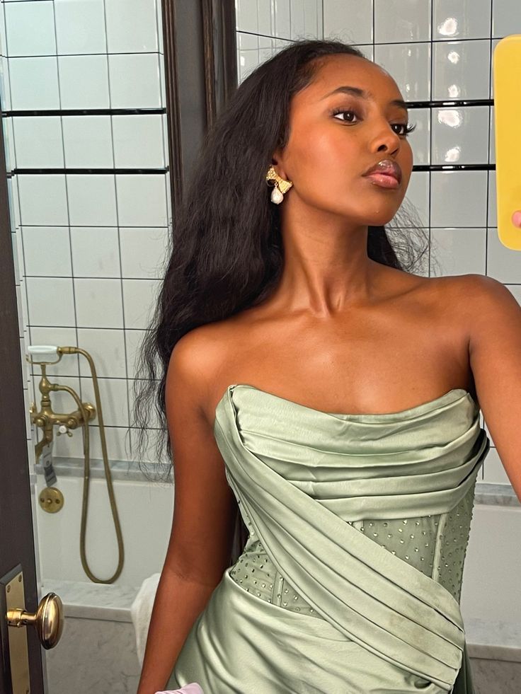 Green A-line satin high slit strapless ball gown evening dress TP1872
