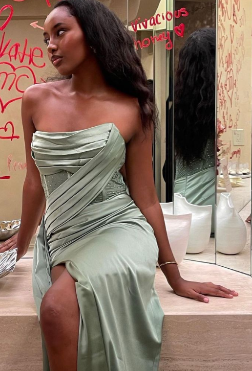 Green A-line satin high slit strapless ball gown evening dress TP1872