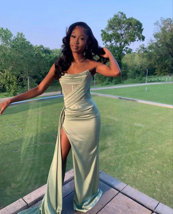 Green A-line satin high slit strapless ball gown evening dress TP1872
