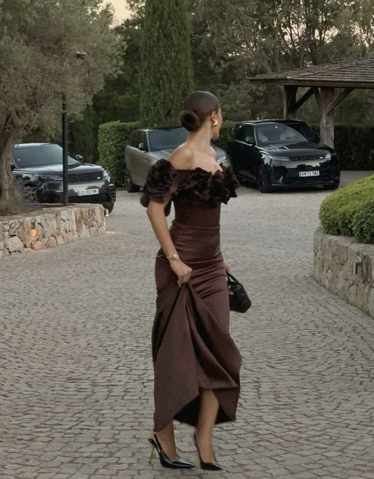 Elegant Mermaid Brown Off Shoulder Satin Floor Length Formal Prom Dress Evening Gown TP1873