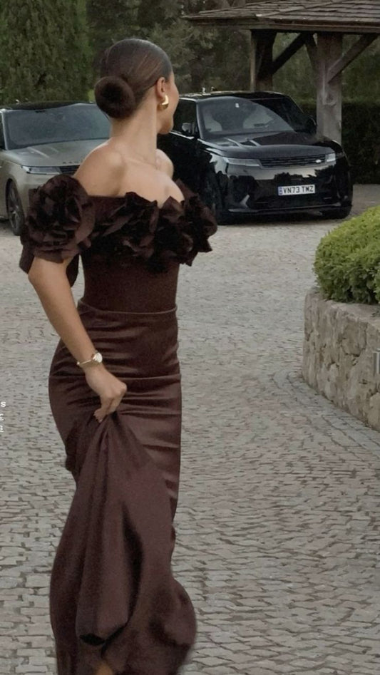 Elegant Mermaid Brown Off Shoulder Satin Floor Length Formal Prom Dress Evening Gown TP1873