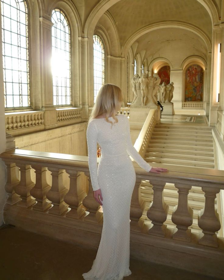 Simple White Mermaid Long Sleeve Shiny Formal Long Prom Gown Evening Dress TP1877