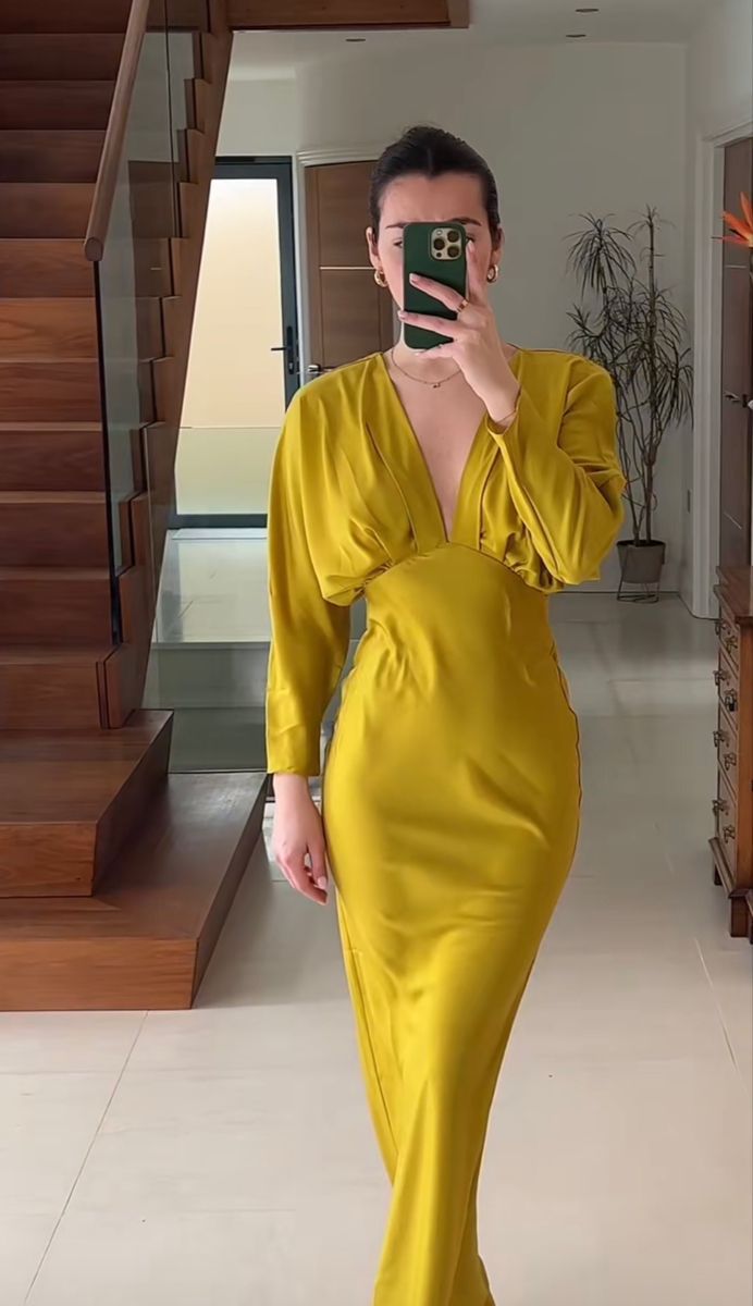 Yellow mermaid deep V neck long sleeve satin ankle length formal evening gown TP1908