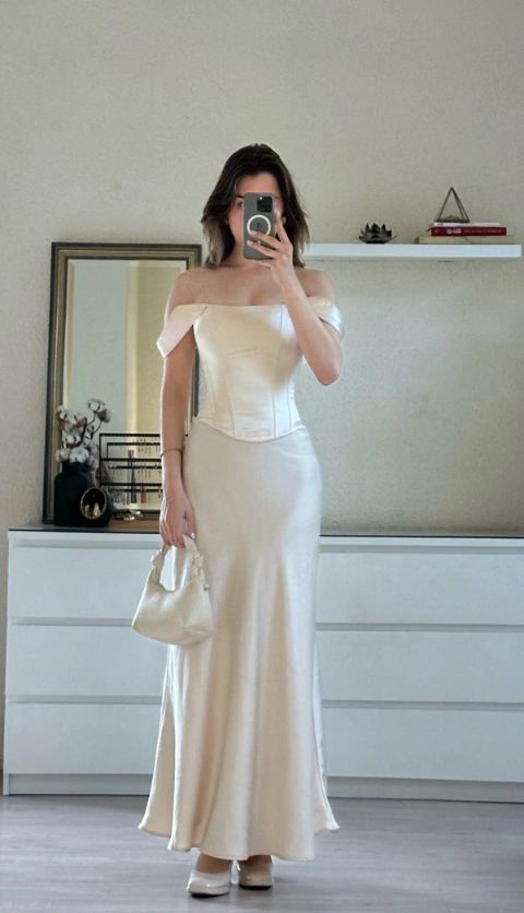 Elegant Ivory White Mermaid Off Shoulder Satin Ankle Length Evening Dress TP1912
