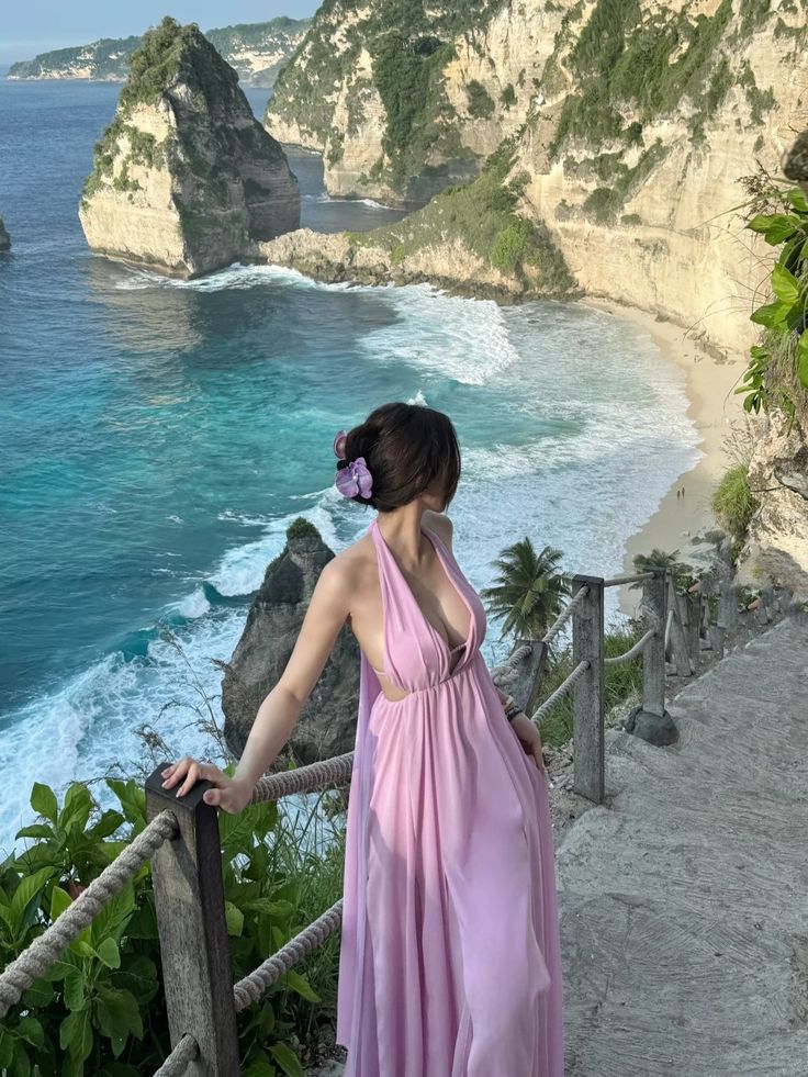 Pink Chiffon Halter Sleeveless Deep V Neck Dress TP1915