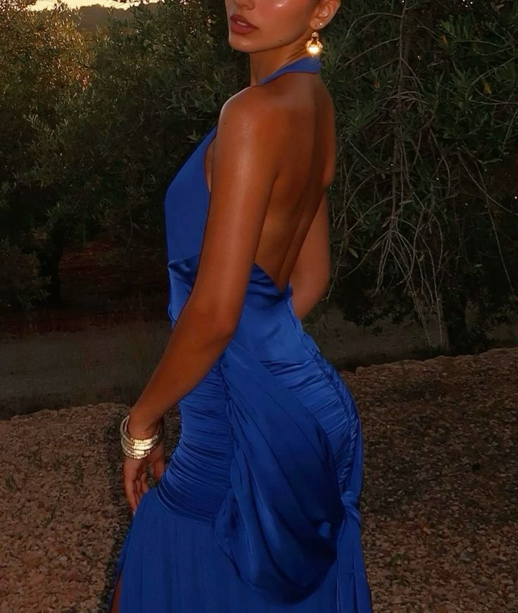 Sexy Sapphire Blue V-neck Halter Backless Satin Formal Ball Gown Evening Dress TP1916