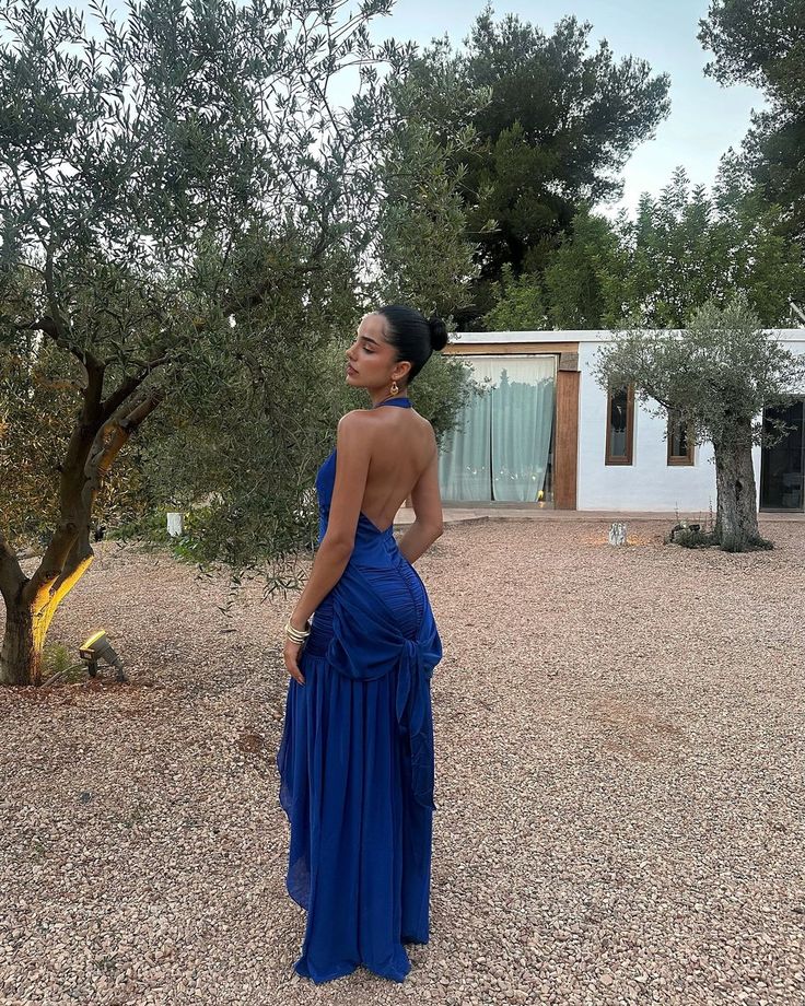 Sexy Sapphire Blue V-neck Halter Backless Satin Formal Ball Gown Evening Dress TP1916