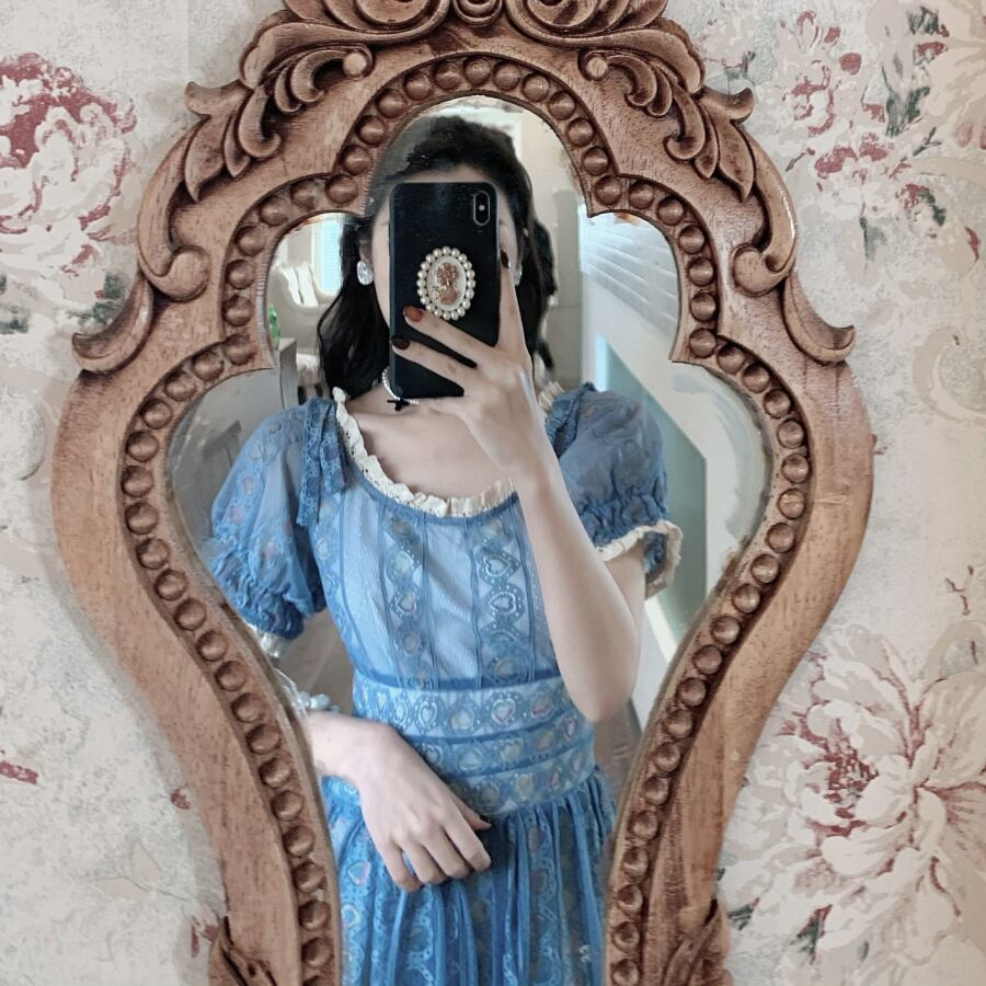 Blue Sweet A-line Short Sleeve Lace Ankle-length Dress TP1922