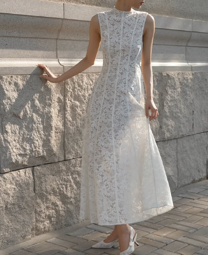Simple A-Line High Neck Sleeveless Lace Formal Dress Evening Gown TP1927