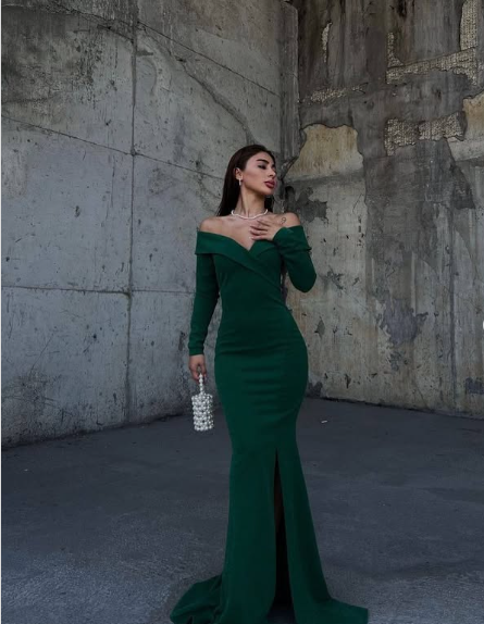 V Neck Off Shoulder Long Sleeve Mermaid Slit Glitter Formal Prom Dress Evening Gown TP1930