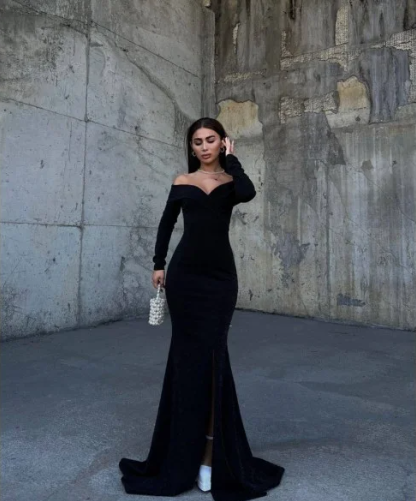 V Neck Off Shoulder Long Sleeve Mermaid Slit Glitter Formal Prom Dress Evening Gown TP1930