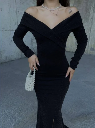 V Neck Off Shoulder Long Sleeve Mermaid Slit Glitter Formal Prom Dress Evening Gown TP1930
