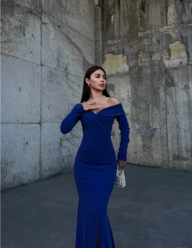 V Neck Off Shoulder Long Sleeve Mermaid Slit Glitter Formal Prom Dress Evening Gown TP1930