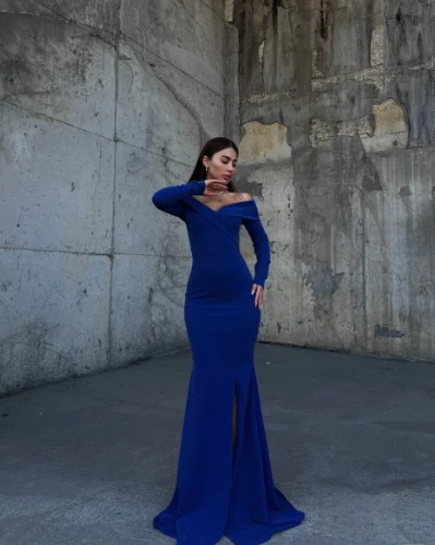 V Neck Off Shoulder Long Sleeve Mermaid Slit Glitter Formal Prom Dress Evening Gown TP1930