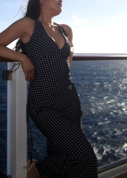 Simple Black and White Polka Dot Deep V Neck Sleeveless Mermaid Ball Gown Evening Dress TP1934