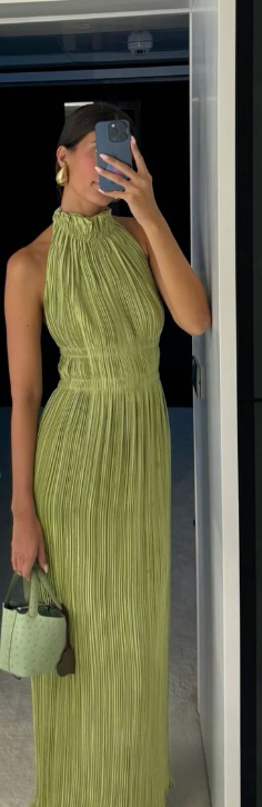 Chic Green Collarless Sleeveless Pleated Length Ankle Formal Prom Dress Evening Gown TP1935