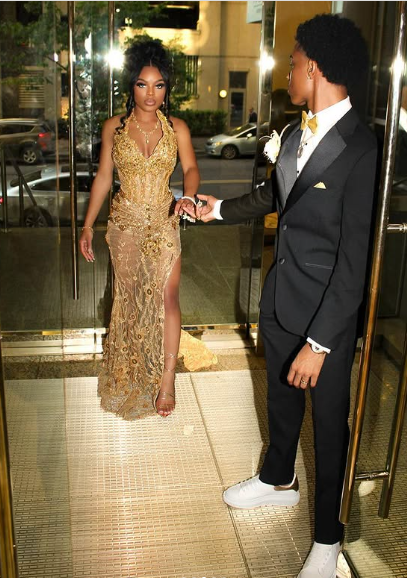 Gorgeous Gold Mermaid Halter Neck Lace Beaded Train Formal Prom Gown Evening Dress TP1936