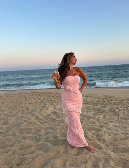 Elegant Pink Mermaid Strapless Lace Ruffle Length Ankle Ball Gown Evening Dress TP1939