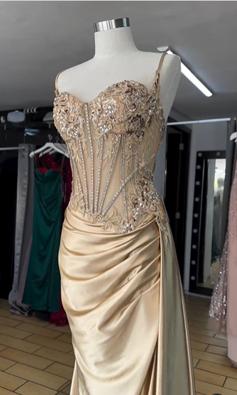 Elegant Gold Mermaid Spaghetti Straps Shiny Beaded High Slit Satin Formal Prom Dress Evening Gown TP1943